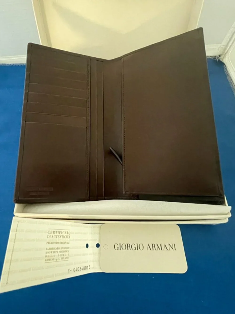 Giorgio Armani Dark Brown Leather Long Bifold Wallet NWT Box & COA